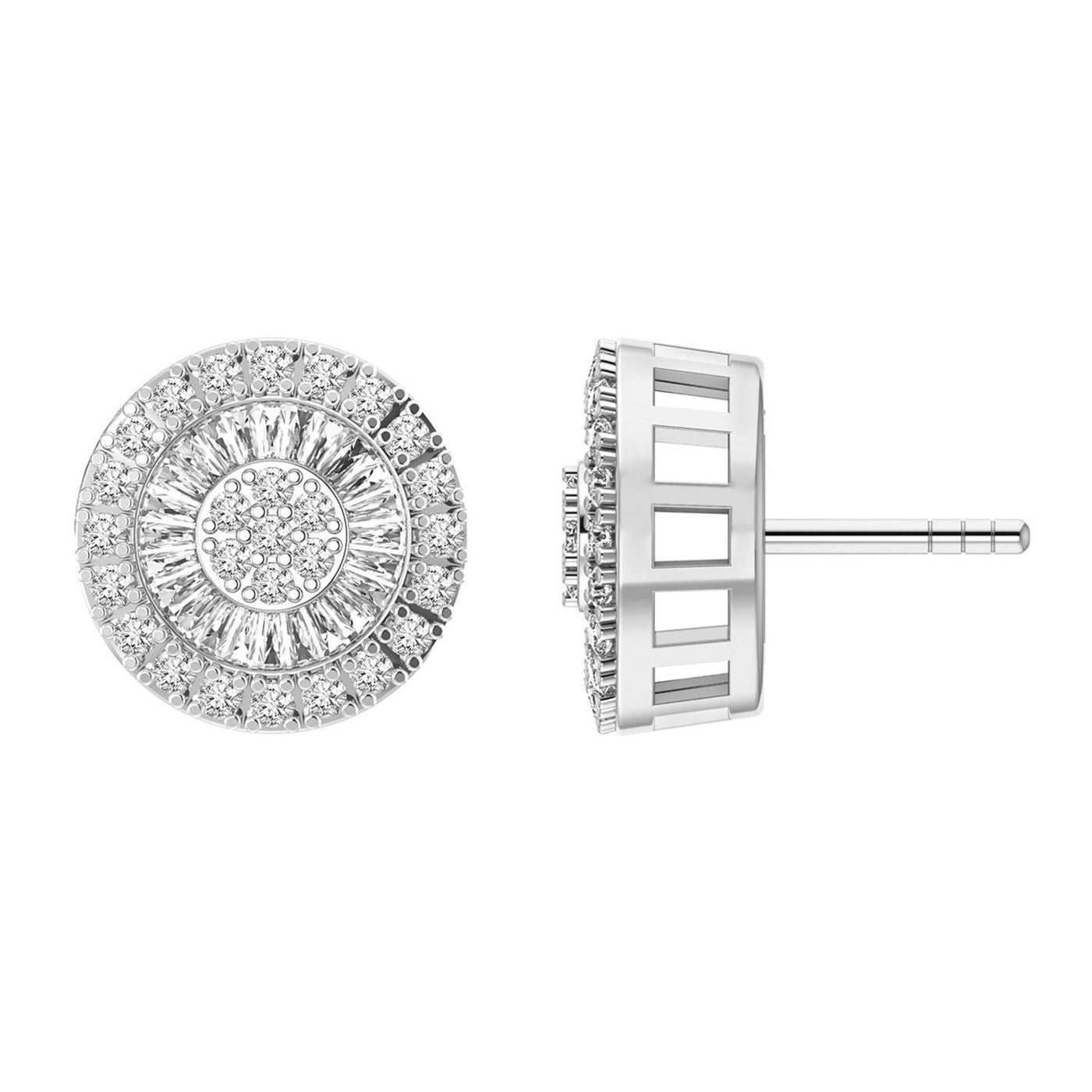 Men's Earring 3/4 Ct Round/Baguette Diamond 10k White Gold