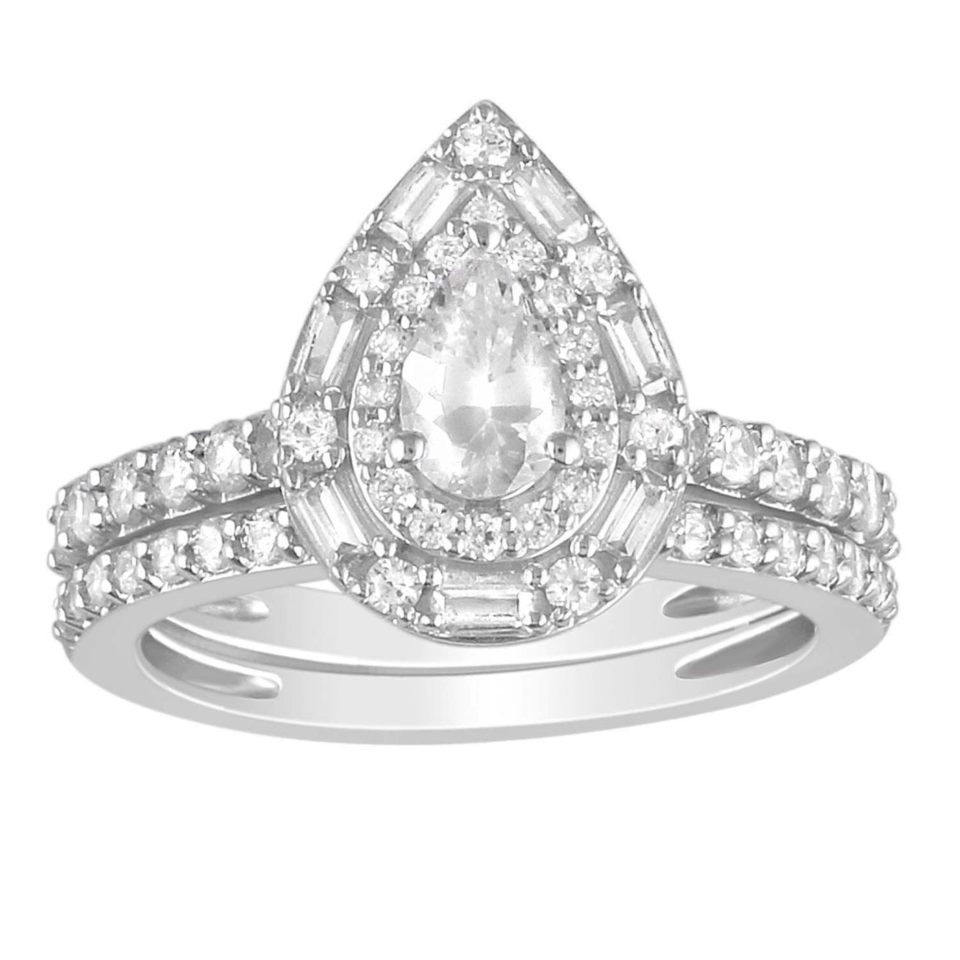 Ladies Bridal Ring Set 1 1/4 Ct Pear/round/baguette Diamond 14k White Gold