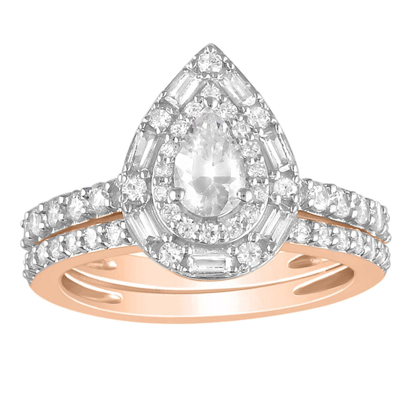 Ladies Bridal Ring Set 1 1/4 Ct Pear/round/baguette Diamond 14k Rose Gold