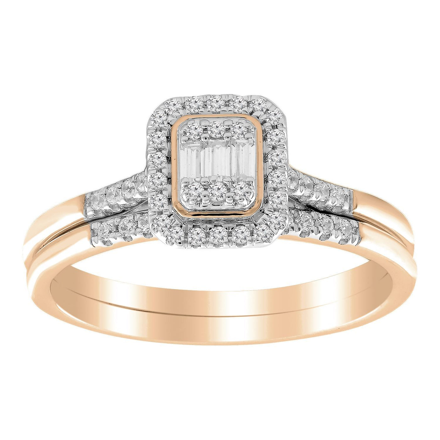 Ladies Bridal Ring Set 1/4 Ct Round/baugutte Diamond 10k Rose Gold